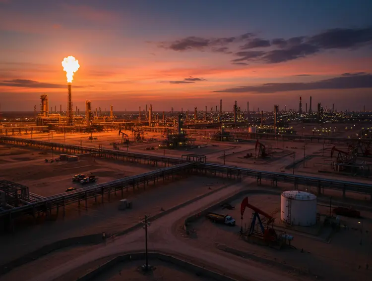 Iranian oil refinery with national flag, representing the country’s energy sector